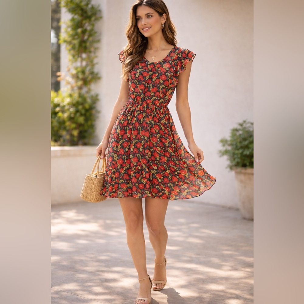 Red Floral Mini Dress Ruffle Sleeve Flowy Summer Dress